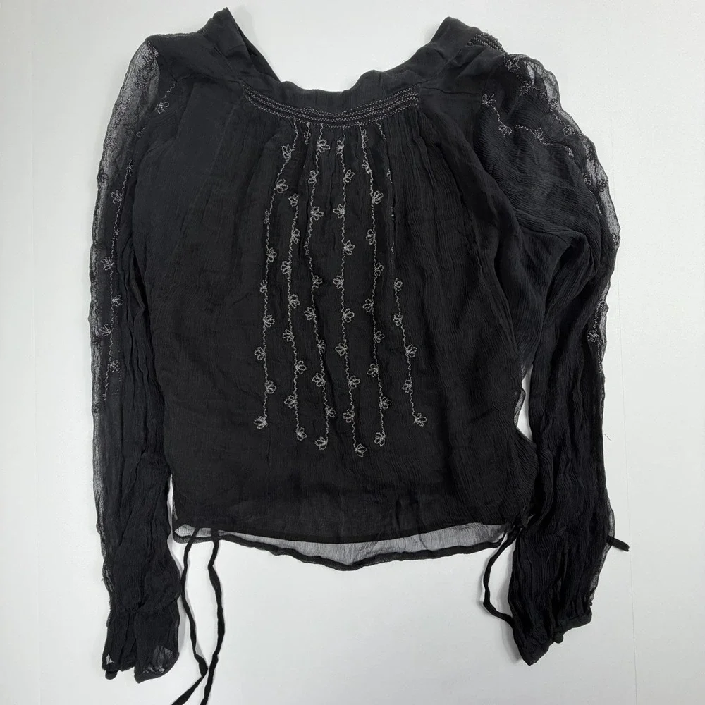 Free‎ People Sheer Boho XS Black Lace Button Front Peplum Top Grunge